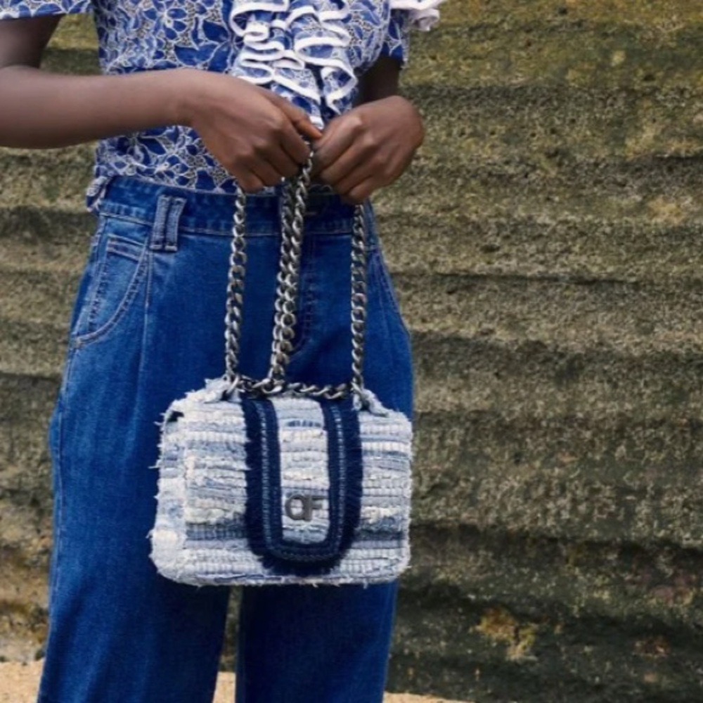 Anne Fontaine Tali Denim Woven Handbag with Gunmetal Adjustable Chain Strap